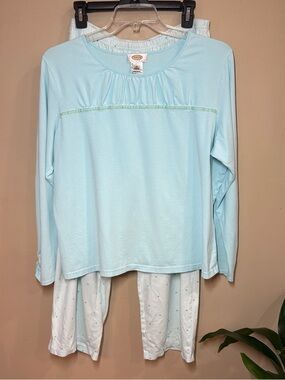 Talbots Light Blue Long Sleeve Pajama Set with Patterned Pants, 2X